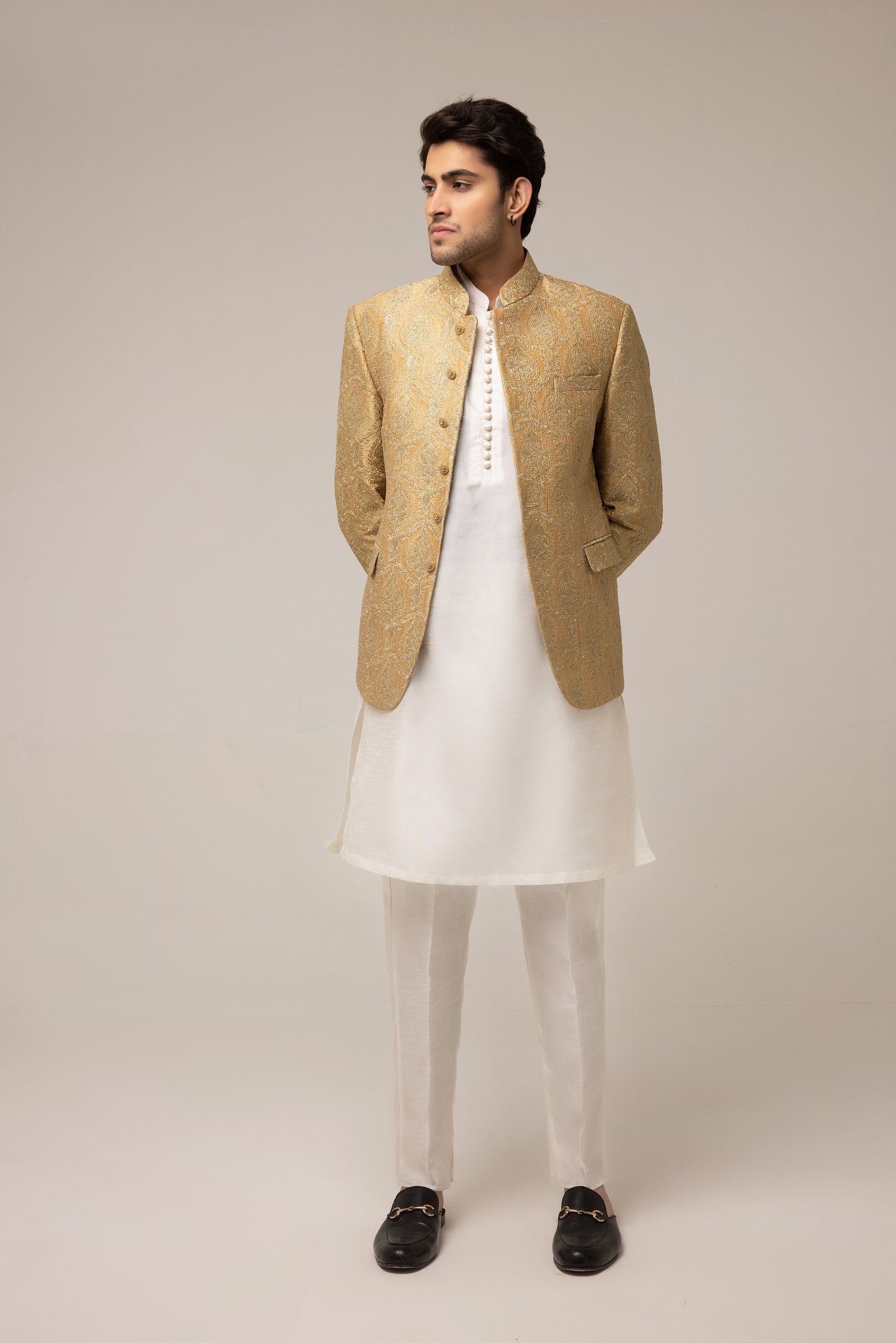 GOLD HEAVY EMBROIDERED PRINCE COAT WITH INNER SUIT