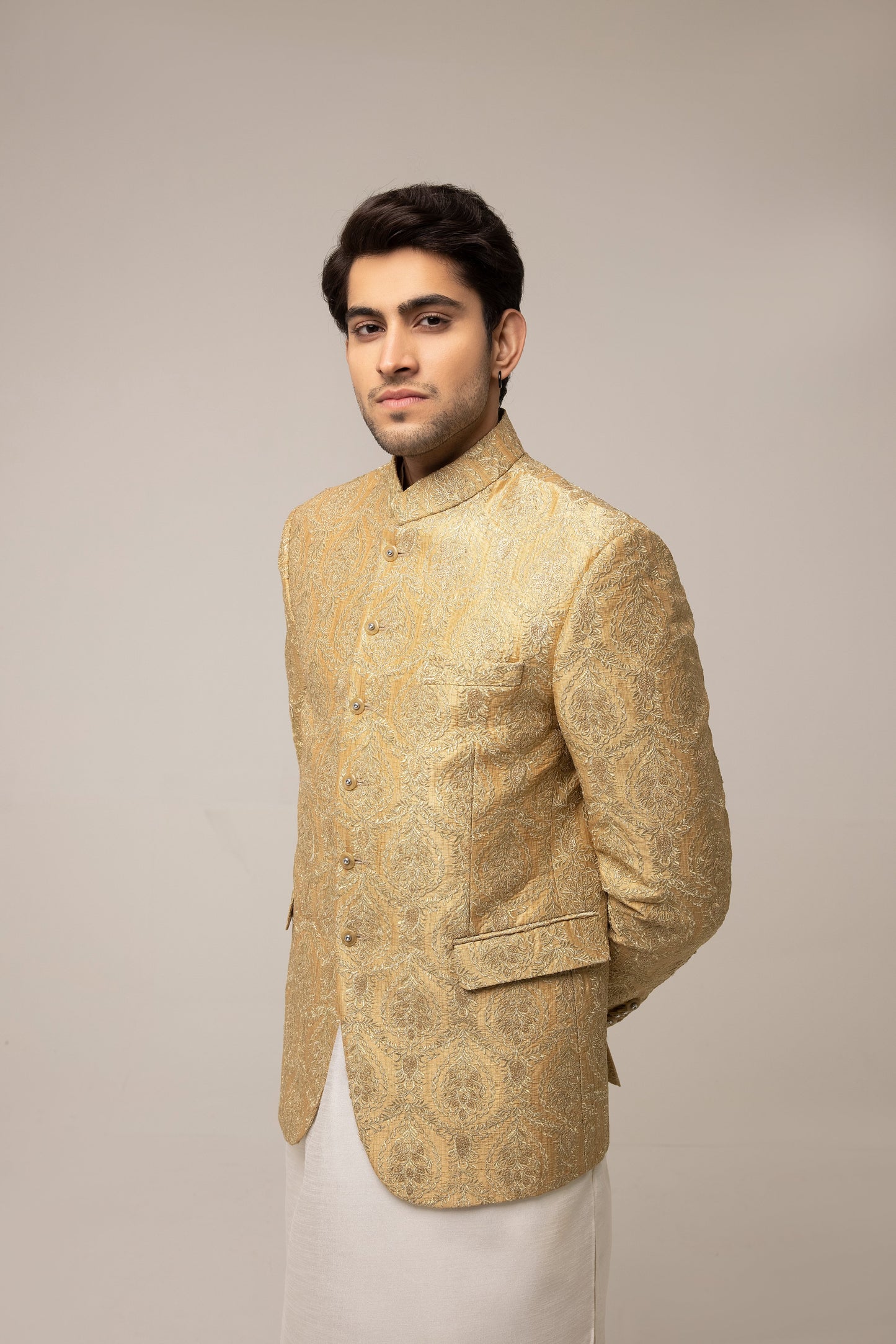 GOLD HEAVY EMBROIDERED PRINCE COAT WITH INNER SUIT